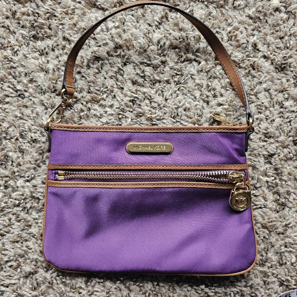 MICHAEL KORS Purple Brown leather‎ logo lock charm pouch/ mini hand bag